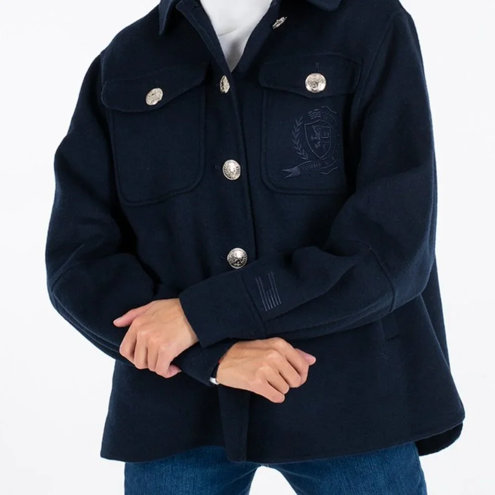 Tommy Hilfiger ICONS Wool Blend Navy Silver Crest Buttons Shacket Jacket (SZ 46) - Picture 1 of 16